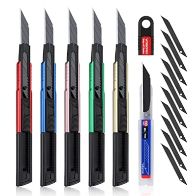 Immagine di WORKPRO Set di 5 Taglierine Professionali, Taglierina Standard Staccabile da 9mm, Coltello Grafico con 10 Lame Ricambio SK5, Ideale per Tagliare Carta, Cartone