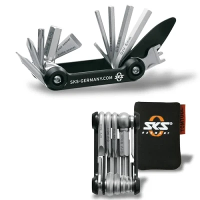 Immagine di SKS Germany Tom Tool Bicicletta Multifunzionale (Mini Ruota portautensili, in Acciaio Inossidabile/Alluminio, Molte funzioni di Utensili Integrate). Unisex Adult, Nero/Argento, One Size