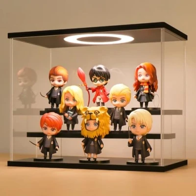 Immagine di Vetrina in Acrilico Trasparente con LED e Interruttore, Espositiva Teca Plexiglass Cubo Scatola Contenitori per Collezionismo, Modellismo, Minifigure, Statuette (Nero, 3 Livelli, 30x16x24 cm)