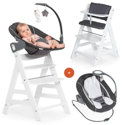 Immagine di hauck Alpha Plus Newborn Set Deluxe Seggiolone In Legno Evolutivo dalla Nascita Sedia Bambini con Sdraietta Dondolo Neonati Reclinabile e Cuscino Bianco