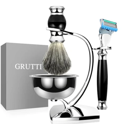 Immagine di GRUTTI set di pennelli da barba Premium con portaspazzole lusso e per tazza sapone regalo rasatura manuale uomo compatibili Fusion 5