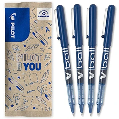 Immagine di Pilot Set di 4 V Ball 05 Penne Roller con Inchiostro Liquido Punta Conica Fine per una Scrittura Fluida e Precisa Asciugatura rapida Blu