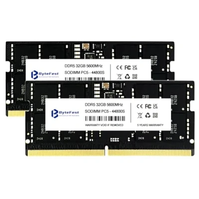 Immagine di ByteFest RAM DDR5 64GB (2x32GB) 5600MHz PC5 44800 CL46 1.1V SODIMM On die ECC 262 Pin Laptop/Notebook Moduli di memoria