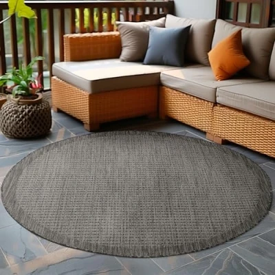 Immagine di Carpetsale24 Tappeto esterno resistente alle intemperie monocolore in tessuto piatto, da cucina per balcone, giardino, terrazza Nero 200 cm Rotondo