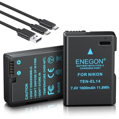 Immagine di ENEGON EN EL14 Batteria di ricambio USB C a carica diretta, 1600 mAh, confezione doppia, per Nikon EL14/EN EL14a, compatibile con D5300, D5600, D5100, D5200, D3100, D3200, D3300, D3400,