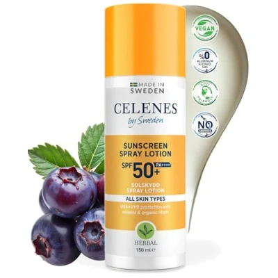 Immagine di Celenes by Sweden Spray Solare a Base di Erbe SPF50+ Protezione Organica e Minerale per Tutti i Tipi Pelle 150ml Resistente all&#039;Acqua, Senza Parabeni o Alcool