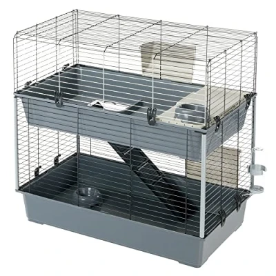 Immagine di Ferplast Gabbia per conigli a due piani RABBIT 100 DOUBLE, Casetta piccoli animali, Conigliera con Accessori inclusi, in Metallo verniciato Nero e plastica, 95 x 57 h 93,5 cm