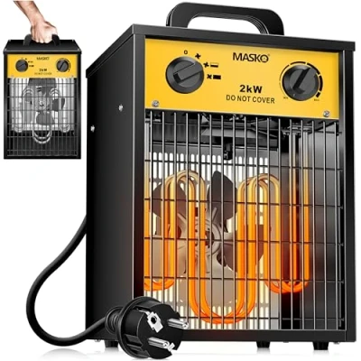 Immagine di Masko® Riscaldatore elettrico da 2 KW con termostato integrato, 2000 Watt, 3 livelli di riscaldamento, per uso interno ed esterno, protezione sovraccarico, ventilatore giallo