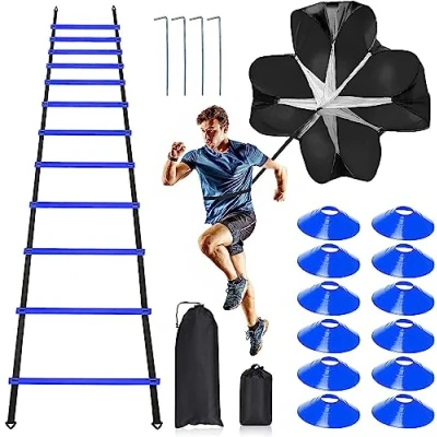 Immagine di PRO Speed Agility Training Set, Include 12 pioli 6,1 m Regolabile Ladder con Borsa, Coni Sportivi, 4 paletti in Acciaio, 1 Paracadute Resistenza per Bambini Adulti Calcio Allenamento