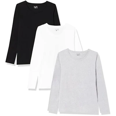 Immagine di Berydale Maglietta a maniche lunghe con scollo rotondo in 100% cotone, Donna, Nero/bianco/grigio (confezione da 3), L