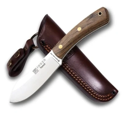 Immagine di joker Coltello da caccia Nessmuk CN136, manico in noce, lama Sandvik 14C28N 11 cm con affilatura piatta, fodero pelle marrone, di pesca, caccia, campeggio e trekking.