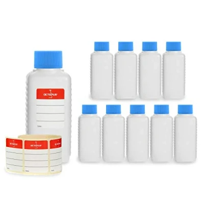 Immagine di Octopus 10 x 100 ml bottiglie in plastica, plastica HDPE con tappi a vite blu, vuote coperchi quadre etichette compilabili incluse