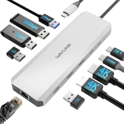 Immagine di WAVLINK Docking station per laptop, Hub USB C 10G con doppio HDMI, PD in 100W, A/C 3.2 10Gbps, A 5Gbps, USB2.0, Gigabit Ethernet Dell/HP/Lenovo ecc, solo computer Windows Systerm