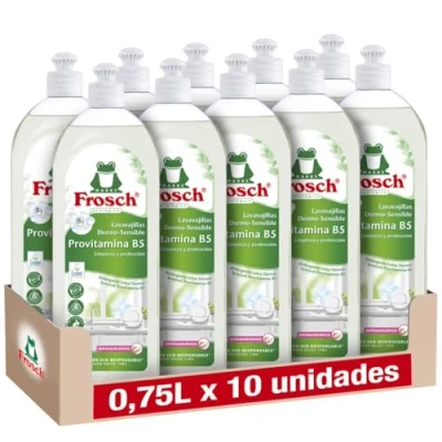 Immagine di Frosch Lavastoviglie a mano liquido Vitamine ecologiche, prive di coloranti e profumi, adatte per pelli sensibili, ipoallergeniche Confezione da 10 pezzi x 750 ml