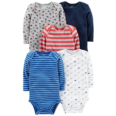 Immagine di Simple Joys by Carter&#039;s Long Sleeve Bodysuit Pack of 5 Body, Blu/Grigio Camion/Rosso Righe, 0 3 Mesi (Pacco da 5) Unisex Bimbi