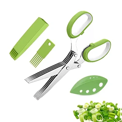 Immagine di Set di Forbici per Erbe, Erbe Aromatiche Multiuso a 5 Lame, da Cucina Multifunzione, Coperchio con Pettine la Pulizia e Coltello Taglio, Adatto Cucina(Verde)