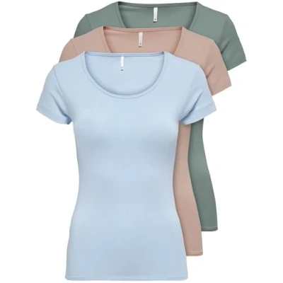 Immagine di ONLY 15209153 Confezione da 3 magliette donna a maniche corte basic, essenziali, estive, nero o bianco, Mix colori., L