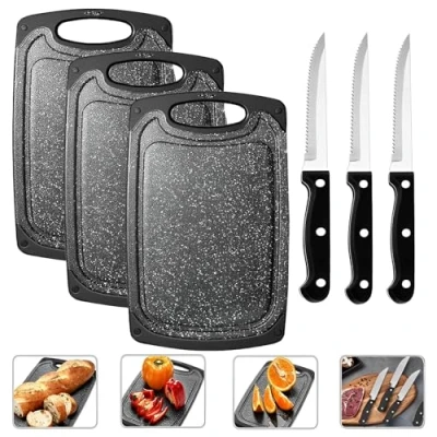 Immagine di Tagliere da cucina,Set di 3 Cucina Set in Plastica Antiscivolo, con pezzi coltelli bistecca, taglieri scanalatura per il succo, Senza BPA,per Carne,Verdure e frutta