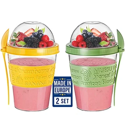 Immagine di Crystalia Riutilizzabile Tazza Yogurt e Cereali Set 2, 100% SENZA BPA di Muesli To Go, 590ml Contenitore Insalata, Porridge Porta Frutta, Contenitori per