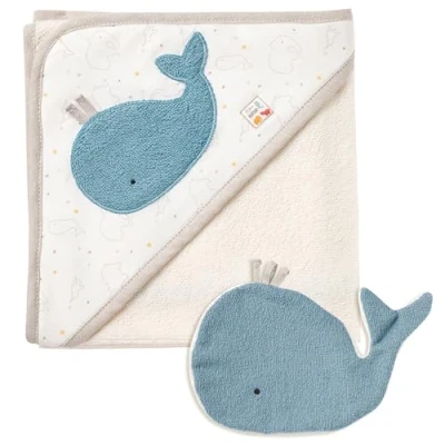 Immagine di Fehn Set da bagno e guanto baby whale asciugamano con cappuccio una simpatica balena poncho per bambini in cotone biologico neonati 0+ mesi