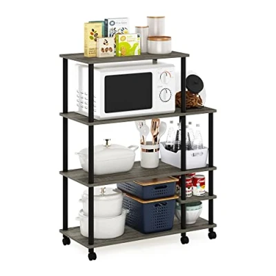 Immagine di Furinno Turn N Tube Carrello portaoggetti da Cucina a 4 Livelli Senza Attrezzi con ripiano Largo, Legno ingegnerizzato, Rovere Francese Grigio/Nero