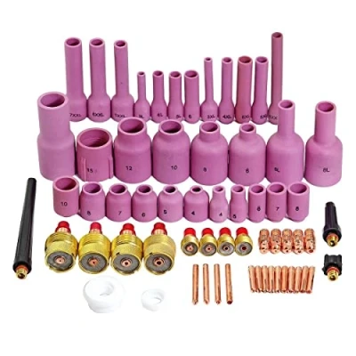 Immagine di RIVERWELD TIG Gas Lens 45V0204S 45V42 Alumina Nozzle Cups 796F70 3# 53N58 4# 57N75 6# 13N08 Back Cap 41V24 41V35 41V33 Collet Body Assorted Size Fit DB SR WP 9 20 25 Welding Torch 63pcs