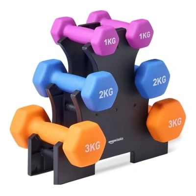 Immagine di Amazon Basics manubri neoprene set con supporto, confezione da 3 (1 kg, 2 kg), Multicolore