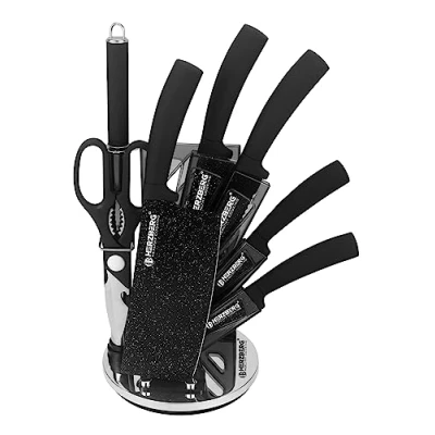 Immagine di Herzberg HGMSN8 BLM set di coltelli da cucina professionale, con impugnatura ergonomica, supporto 8 pezzi, colore: nero