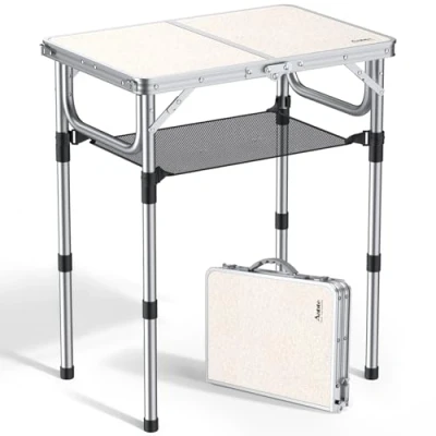 Immagine di Anbte Tavolo Pieghevole da Campeggio Portatile 3 Regolabili in Altezza Tavolino Caffè Alluminio con Rete di Stoccaggio per Picnic/Giardino/Barbecue/Spiaggia Bianco