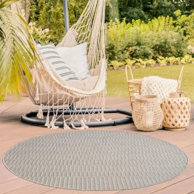 Immagine di TT Home Tappeto per Interni E Esterni Resistente alle Intemperie Terrazza Balcone Sala da Pranzo Motivo Boho Look Moderno, Colore:Beige, Dimensione:200 cm Rund