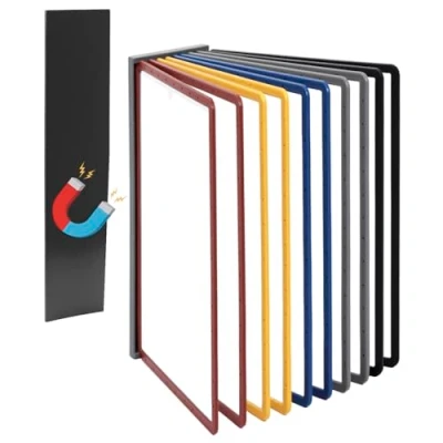 Immagine di QWORK® Porta documenti da parete magnetico 10 pannelli A4 in nero Include piastra magnetica e viti per 2 metodi di installazione