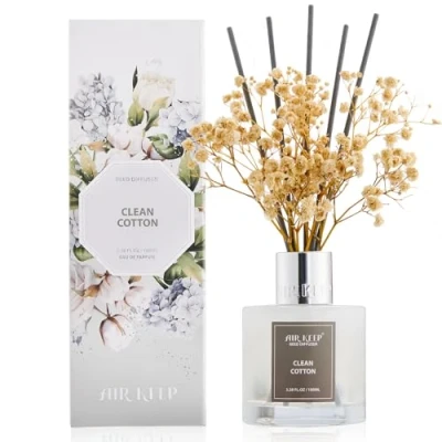 Immagine di Airkeep Profumatore per Ambienti CLEAN COTTON, con 8 Bastoncini di Fragranza, Diffusore Fragranze Bagno, Appartamento, Decorazione Della Casa, 100ml