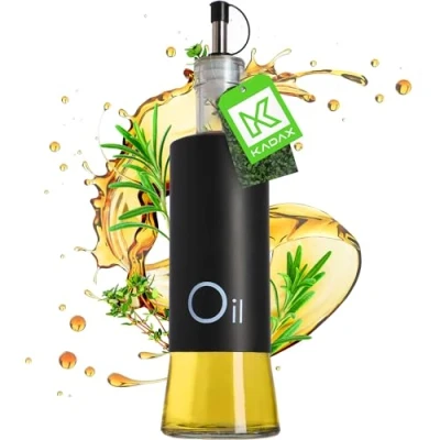 Immagine di KADAX Donatore condimento liquido, bottiglia di vetro con elementi in acciaio, distributore per olio, aceto, vinaigrette, contenitore olio d&#039;oliva (olio, nero)