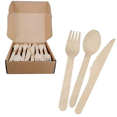 Immagine di Set di posate in legno usa e getta, forchette legno, coltelli cucchiai, ecologici, (240 conteggi, 90 forchette, 60 coltelli)