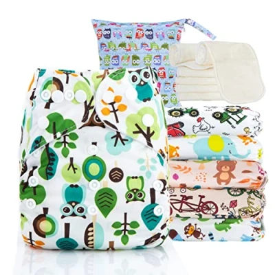 Immagine di Kolo Set di 6 Pannolini lavabili riutilizzabili per bambini e neonati + inserti assorbenti in bambù 1 borsa Wetbag. Taglia regolabile, unisex 100% Ecologici.