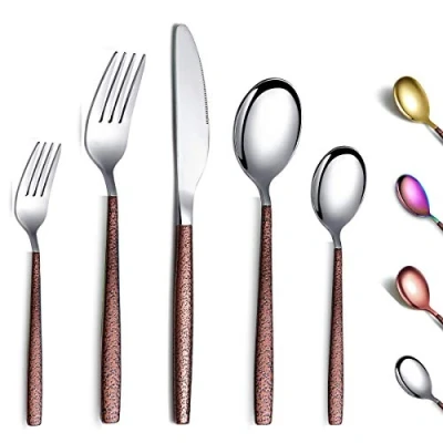 Immagine di Berglander Set di posate 30 pezzi con manico in superficie lunare e placcatura titanio testa oro lucido, argento moderno acciaio inossidabile utensili per 6