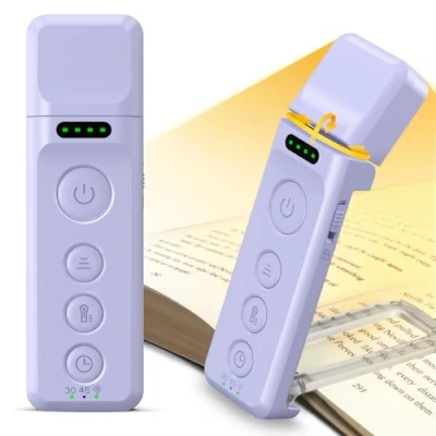 Immagine di Glocusent Luce da Lettura con Clip USB Ricaricabile, 3 Colori 5 Luminosità + Timer/Aiuto Sonno, Segnalibro LED 14 per Libri e a Letto (Amanti Libri) (Porpora)