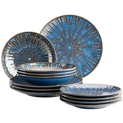 Immagine di MÄSER 935074 Set di piatti smaltati per 4 persone con piani, fondi e da dessert, servizio tavola 12 pezzi in ceramica alta qualità, gres, blu