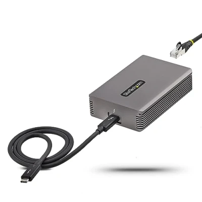Immagine di StarTech.com Adattatore da Thunderbolt 3 a Ethernet, 10GbE Multi Gigabit, di rete Lan RJ45 NIC 10GBASE T/5 2,5GBASE T Ethernet con cavo certificato TB3, Win/Mac (TB310G2)