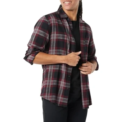Immagine di Amazon Essentials Camicia in Flanella a Maniche Lunghe (Disponibile Taglie Extra Forti) Uomo, Nero Bordeaux Grigio Motivo Scozzese, M