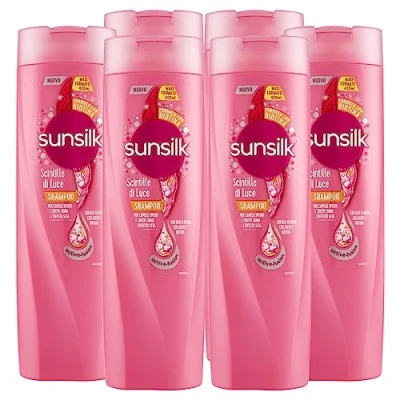 Immagine di Sunsilk Scintille di Luce Shampoo per Capelli Spenti e Crespi Formula Active Fusion con Olio Jojoba Collagene Biotina Azione Illuminante Effetto Seta 6 Flaconi da 400ml