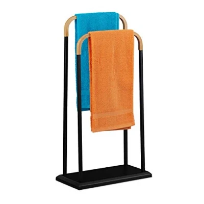 Immagine di Relaxdays Portasciugamani da Terra, Struttura in Ferro, 2 Bracci Bambù, per Accappatoi e Teli, HLP 85x45x22 cm, Nero