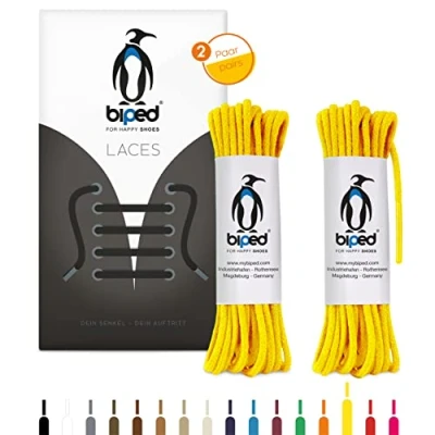 Immagine di biped LACES 2 paia di lacci rotondi in cotone ¿ mm sottili premium per scarpe e stivali pelle resistenti agli strappi lavabili made EU z2900(giallo,120 cm)