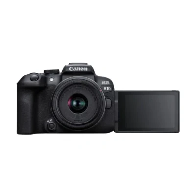 Immagine di Canon EOS R10 APS C mirrorless nera + 18 45mm IS STM (24,2 Mp, fino a 23 fps, DIGIC X, video 4K UHD 60p, Dual Pixel CMOS Auto Focus II, Display touchscreen orientabile da 7,5 cm, Wi Fi, BT)