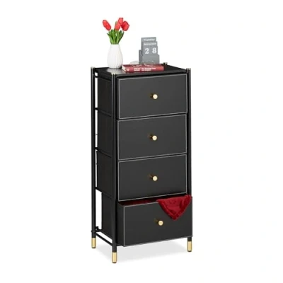 Immagine di Relaxdays Cassettiera Camera da Letto, 98,5 x 46 30 cm, Mobile con 4 Cassetti, Comò in Stoffa e Acciaio, Nero Dorato, Fibra di Legno, Plastica