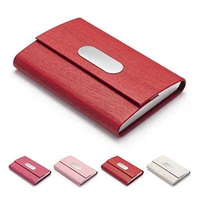 Immagine di FACATH porta biglietti da visita carte di credito in pelle PU lusso e custodia multi carta acciaio inox, sottile per donne uomini, rosso