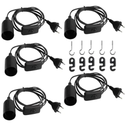 Immagine di LNGJIN 5 Pezzi Portalampada e27 con interruttore a filo cavo, Portalampada, prese per paralume spine,portalampada sospensione presa elettrica,portalampada interruttore(nero)