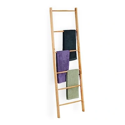 Immagine di Relaxdays Portasciugamani a Scala, 6 Aste, Scaletta per Asciugamani, da Appoggiare in Bagno, HxL: 170 x 55 cm, Marrone