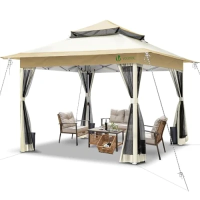 Immagine di VOUNOT Gazebo da Giardino Esterno 3.6x3.6m Pieghevole con Parti Laterali in Rete, Sistema di Clic Pop up Anti UV, Tenda Padiglione Struttura Acciaio Tetto Doppio, per Giardino, Terrazza, Beige
