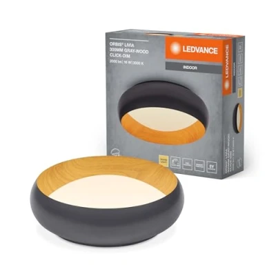 Immagine di Plafoniera LED LEDVANCE ORBIS Livia con anello in metallo, decoro grigio/legno, 16W, 750lm, 3000K, 300mm, 830 bianco caldo amichevole, dimmerabile 3 livelli un clic, IP20, viti/tasselli inclusi